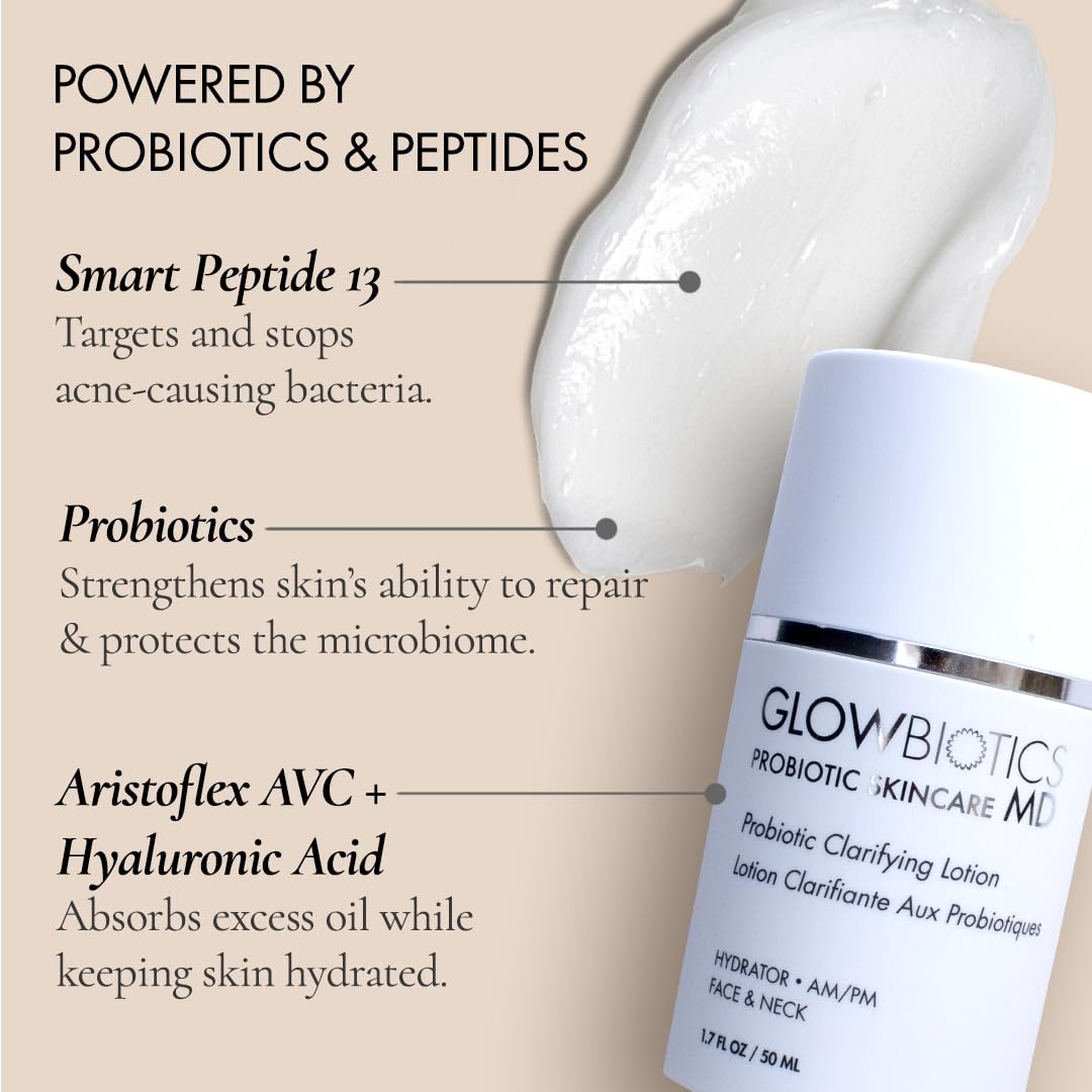 Glowbiotics Probiotic Clarifying Lotion powered by probiotics and peptides: Smart Peptide 13 targets acne-causing bacteria, probiotics strengthen the microbiome, Aristoflex AVC and hyaluronic acid absorb oil while hydrating