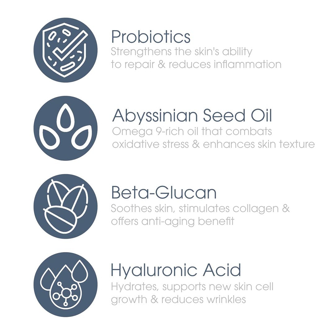 Glowbiotics Probiotic Firming + Replenishing Lotion key ingredients: probiotics, Abyssinian seed oil, beta-glucan, and hyaluronic acid