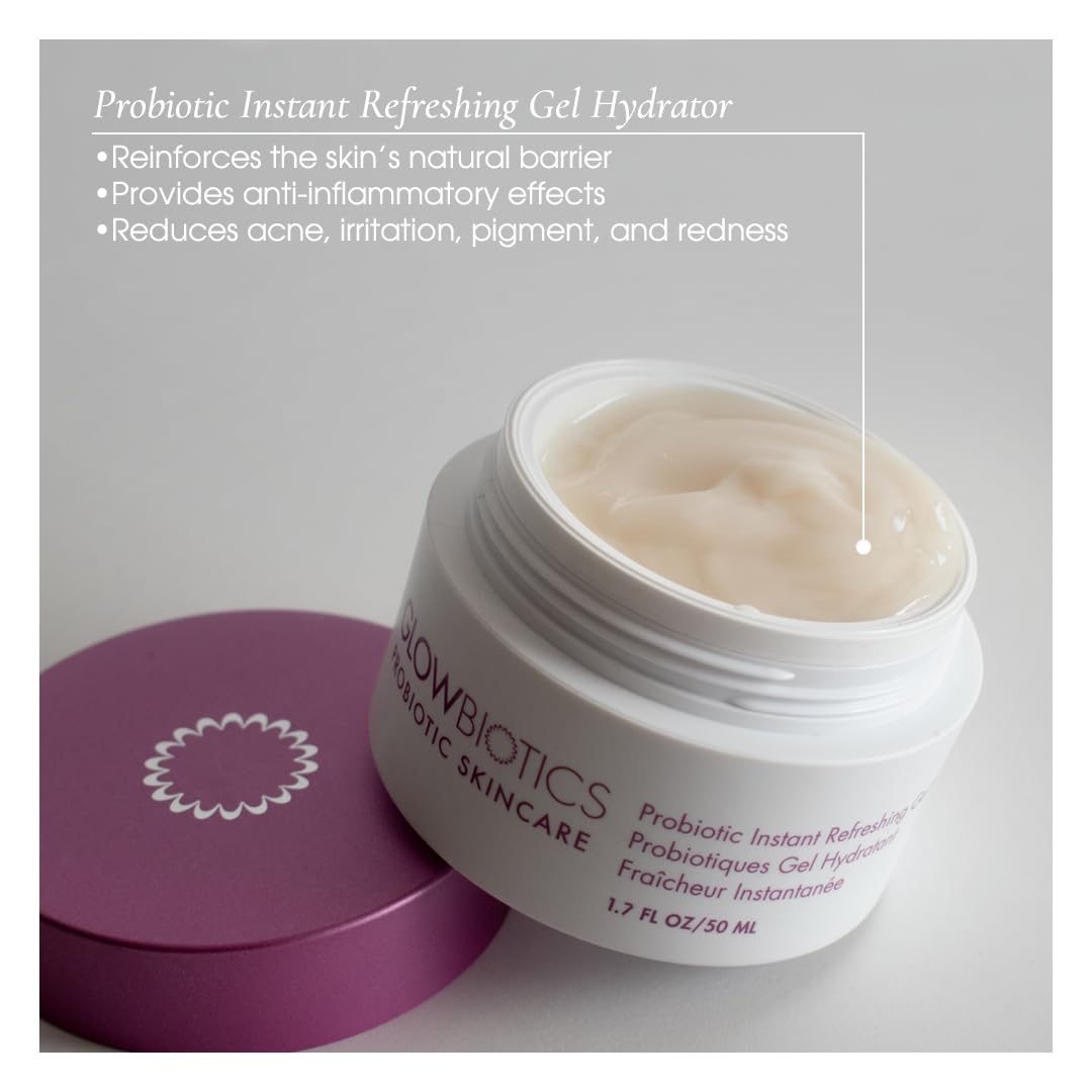 Open jar of Glowbiotics Probiotic Instant Refreshing Gel Hydrator showing creamy gel texture, reinforces the skin's natural barrier and reduces acne, irritation, pigment, and redness