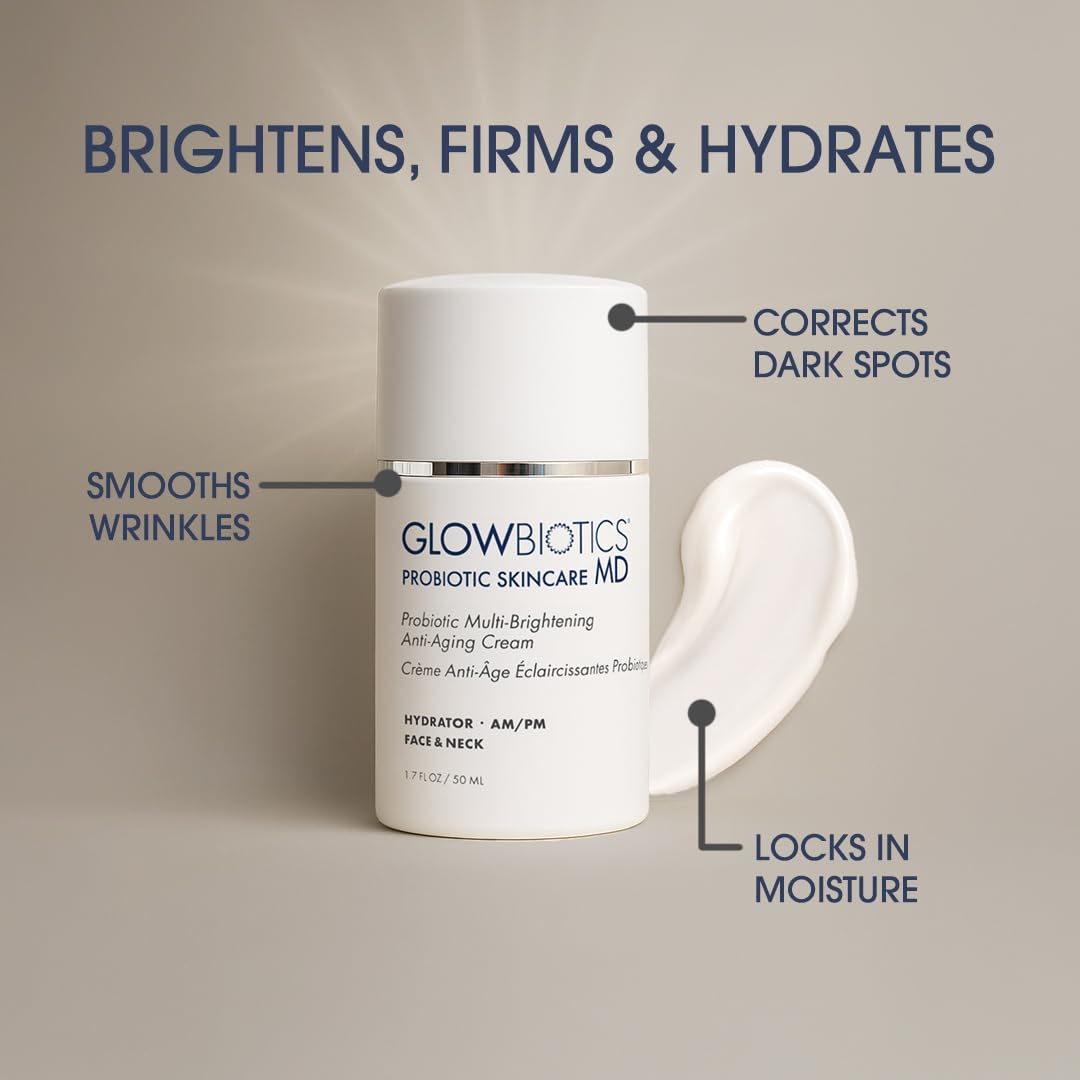 Glowbiotics Probiotic Multi-Brightening Anti-Aging Cream shown to brighten, firm, and hydrate, correcting dark spots and locking in moisture