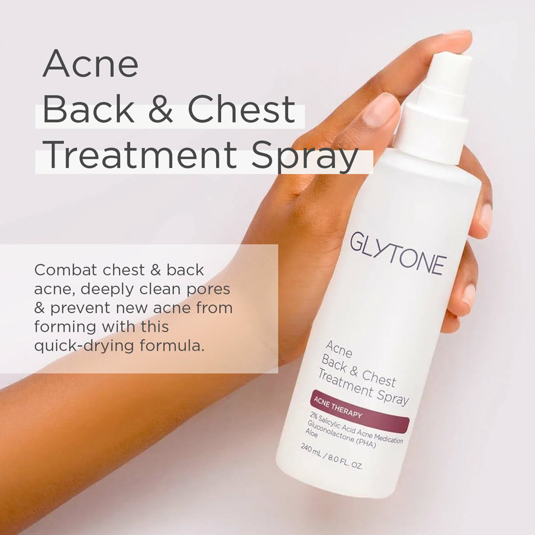 Glytone Acne Back and Chest Treatment Spray quick-drying formula to combat chest and back acne deeply clean pores and prevent new breakouts from forming