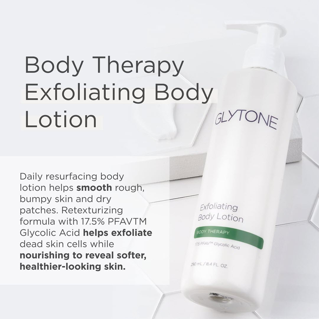 Glytone Exfoliating Body Lotion daily resurfacing formula with 17.5 PFAV glycolic acid exfoliates dead skin cells and nourishes to reveal softer healthier-looking skin