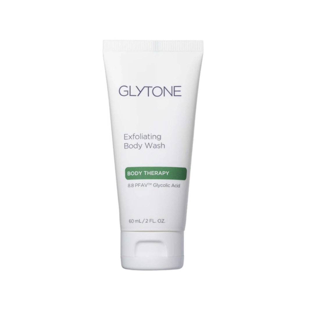 Glytone Exfoliating Body Wash 60ml travel size body therapy wash with 8.8 PFAV glycolic acid for smooth exfoliated skin