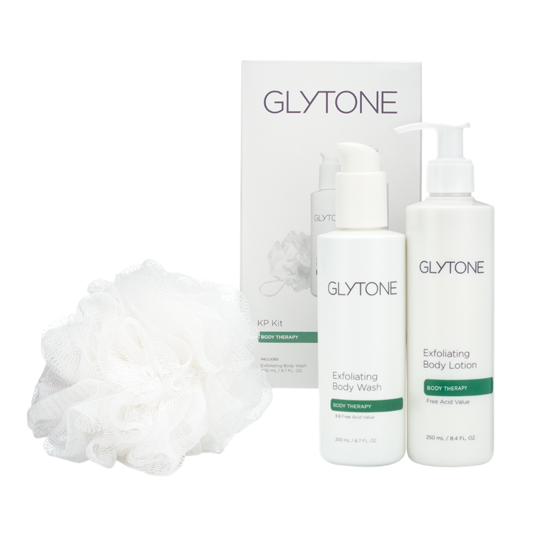 Glytone KP Kit keratosis pilaris treatment set including exfoliating body wash exfoliating body lotion and bonus bath pouf for smooth bump-free skin