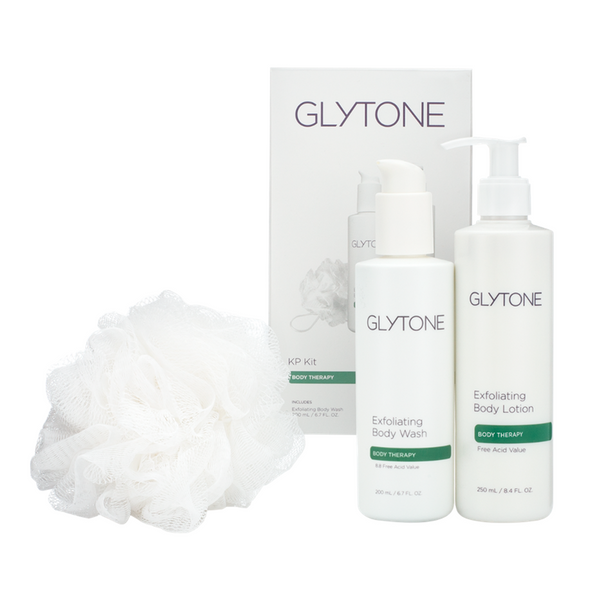 Glytone KP Kit keratosis pilaris treatment set including exfoliating body wash exfoliating body lotion and bonus bath pouf for smooth bump-free skin