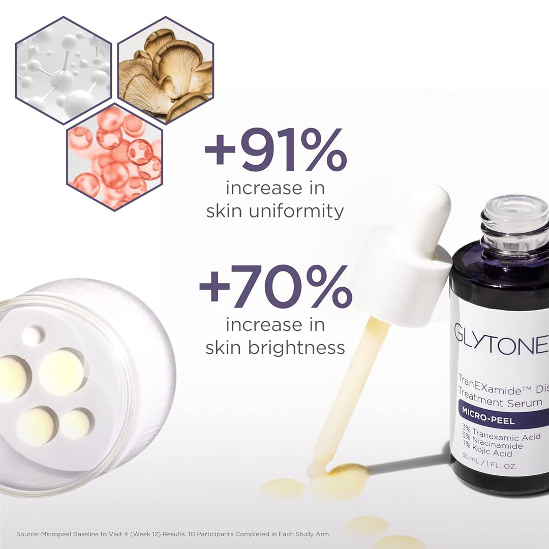Glytone TranEXamide Discoloration Treatment Serum clinically shown 91 percent increase in skin uniformity and 70 percent increase in skin brightness