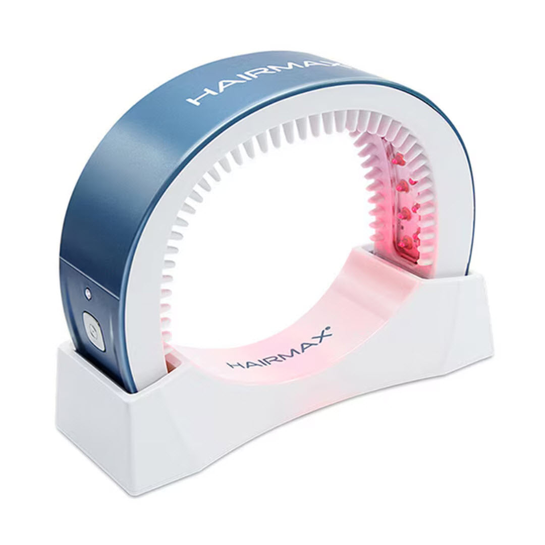 HairMax LaserBand 41 ComfortFlex Hair Growth Device blue and white curved laser band on stand