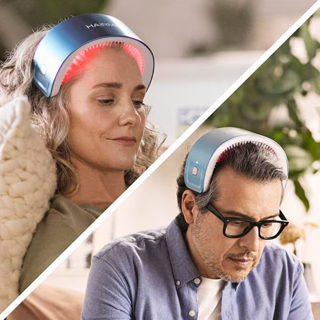 HairMax LaserBand 82 ComfortFlex woman and man both wearing laser band on head