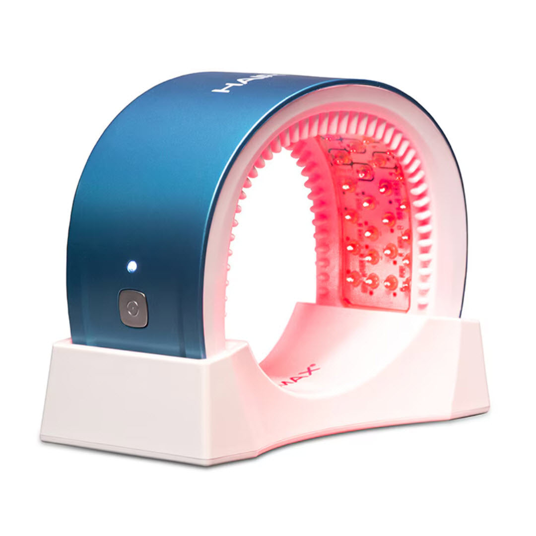 HairMax LaserBand 82 ComfortFlex Hair Growth Device blue and white curved laser band on stand