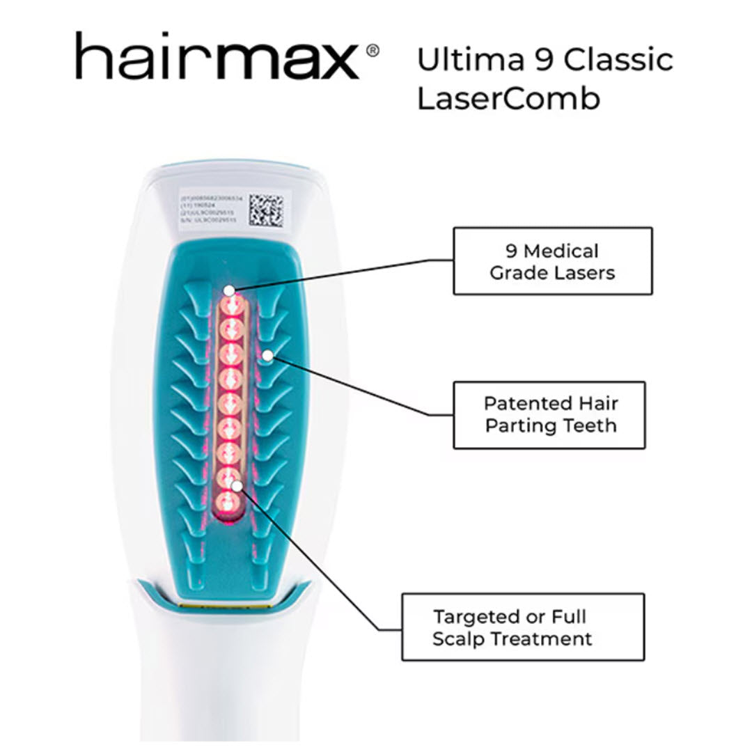 HairMax Ultima 9 Classic LaserComb close-up of comb head with 9 medical grade lasers patented hair parting teeth and targeted or full scalp treatment