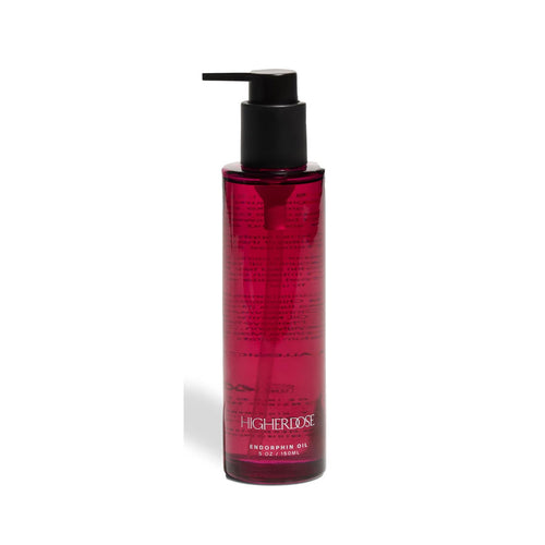 HigherDose Heat-Activated Endorphin Oil 5oz red pump bottle with text pattern design