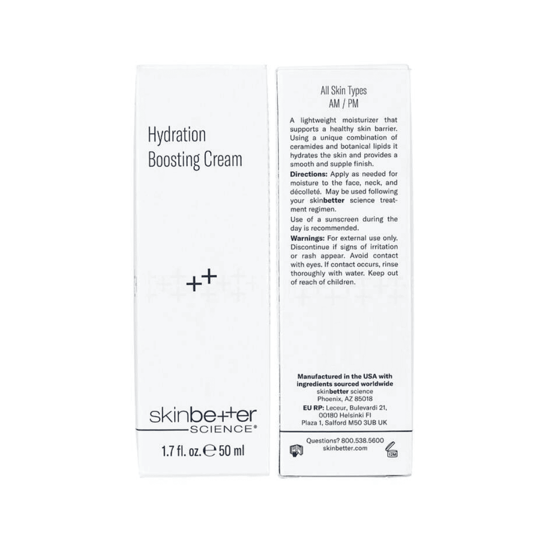 Skinbetter Science Hydration Boosting Cream 50ml front and back packaging – ceramide and botanical lipid moisturizer for healthy skin barrier, smooth and supple finish