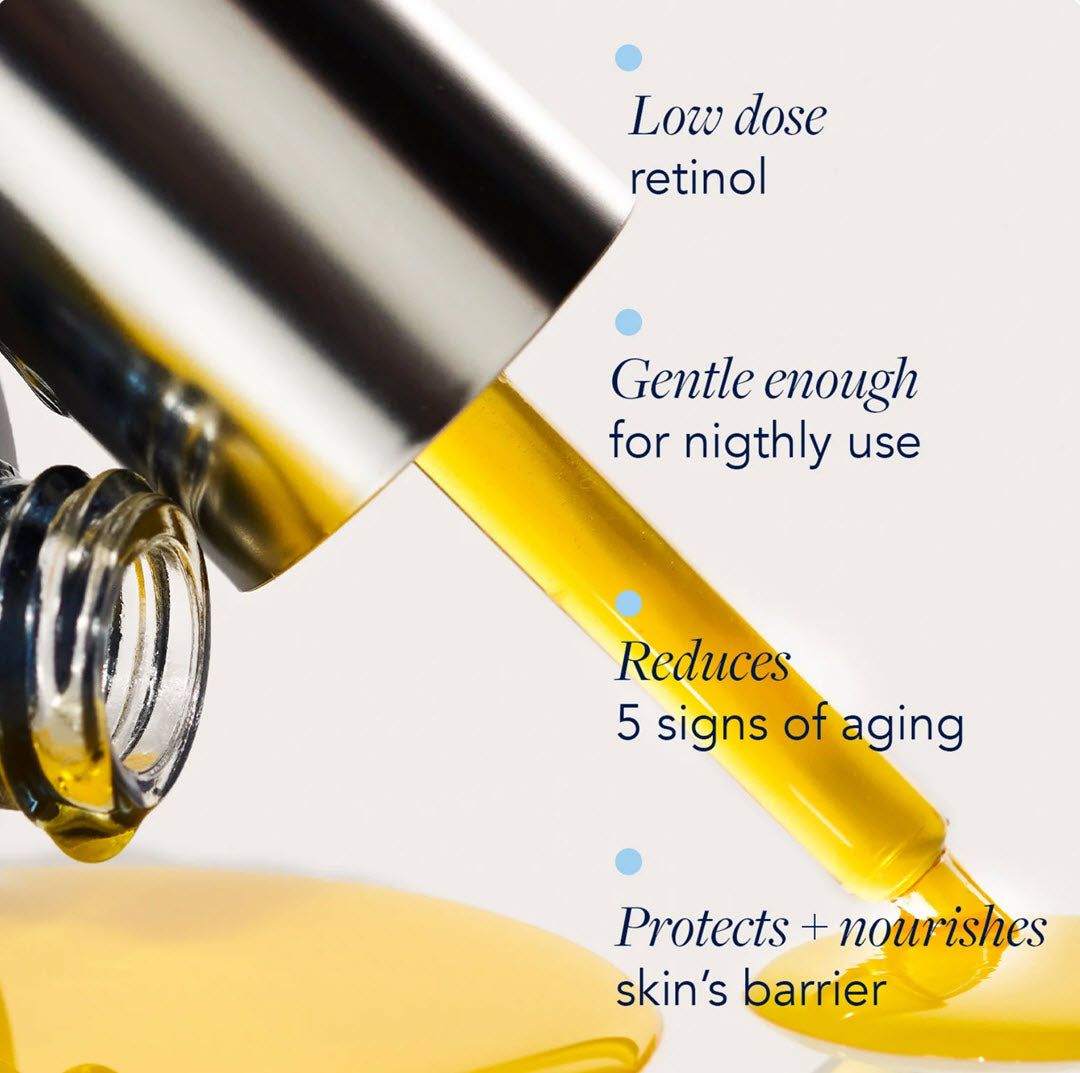 Golden oil dripping from the dropper of IMAGE Skincare AGELESS+ Pure Liquid Retinol 0.1% with key benefits: low dose retinol, gentle enough for nightly use, reduces 5 signs of aging, protects and nourishes skin's barrier