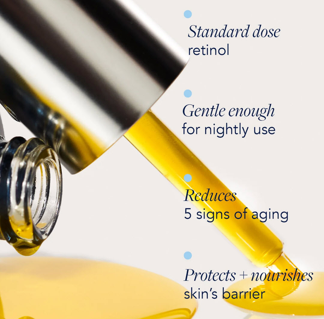 Golden oil dripping from the dropper of IMAGE Skincare AGELESS+ Pure Liquid Retinol 0.3% with key benefits: standard dose retinol, gentle enough for nightly use, reduces 5 signs of aging, protects and nourishes skin's barrier