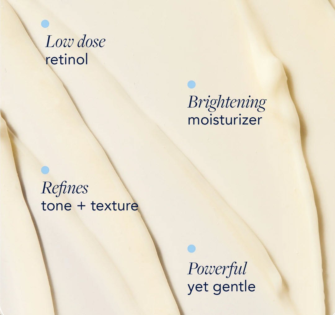 Creamy texture swatch of IMAGE Skincare AGELESS+ Retinol Repair Creme with key benefits: low dose retinol, brightening moisturizer, refines tone and texture, powerful yet gentle
