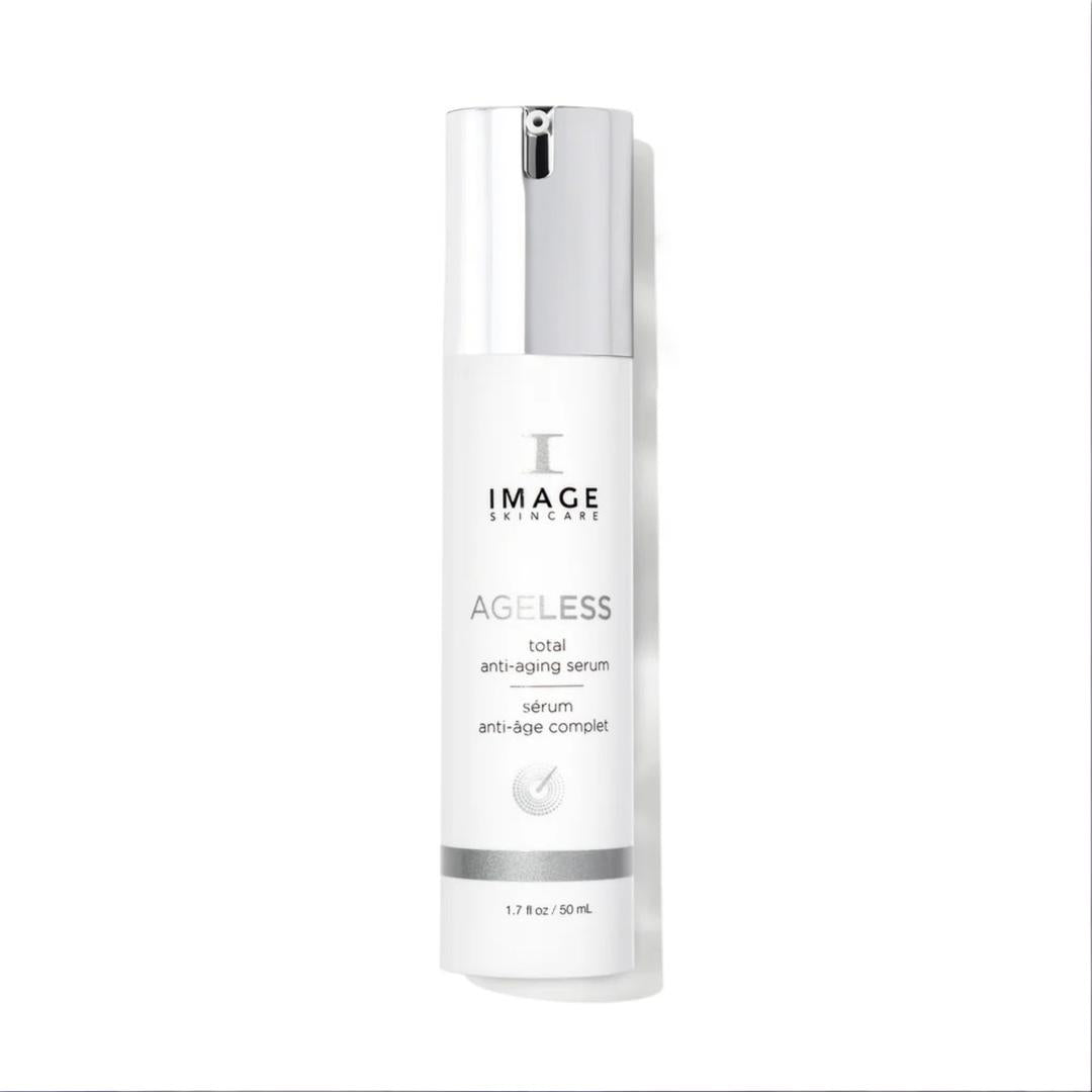 Image Skincare Ageless Total Anti-Aging Serum 1.7 fl oz 50mL white airless pump bottle with silver chrome cap and silver accent band anti-aging serum that reduces fine lines wrinkles and firms skin