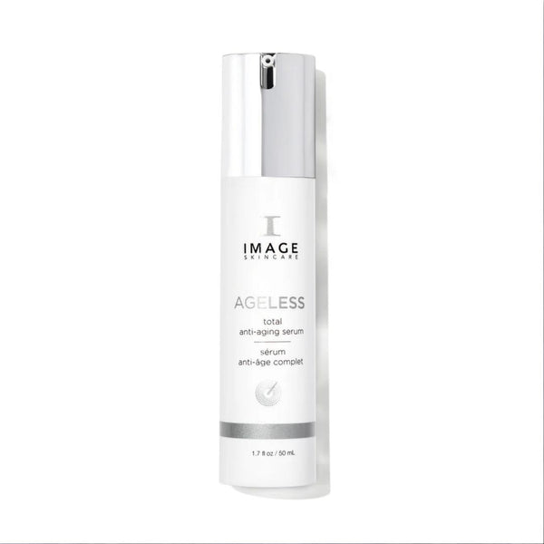 Image Skincare Ageless Total Anti-Aging Serum 1.7 fl oz 50mL white airless pump bottle with silver chrome cap and silver accent band anti-aging serum that reduces fine lines wrinkles and firms skin