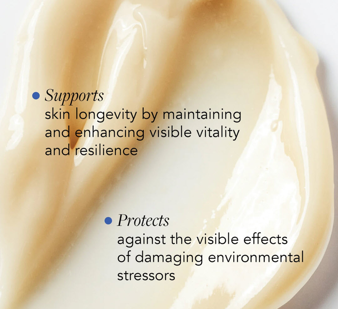 Rich creamy texture swatch of IMAGE MD biotech longevity crème with benefits: supports skin longevity by maintaining and enhancing visible vitality and resilience, protects against the visible effects of damaging environmental stressors