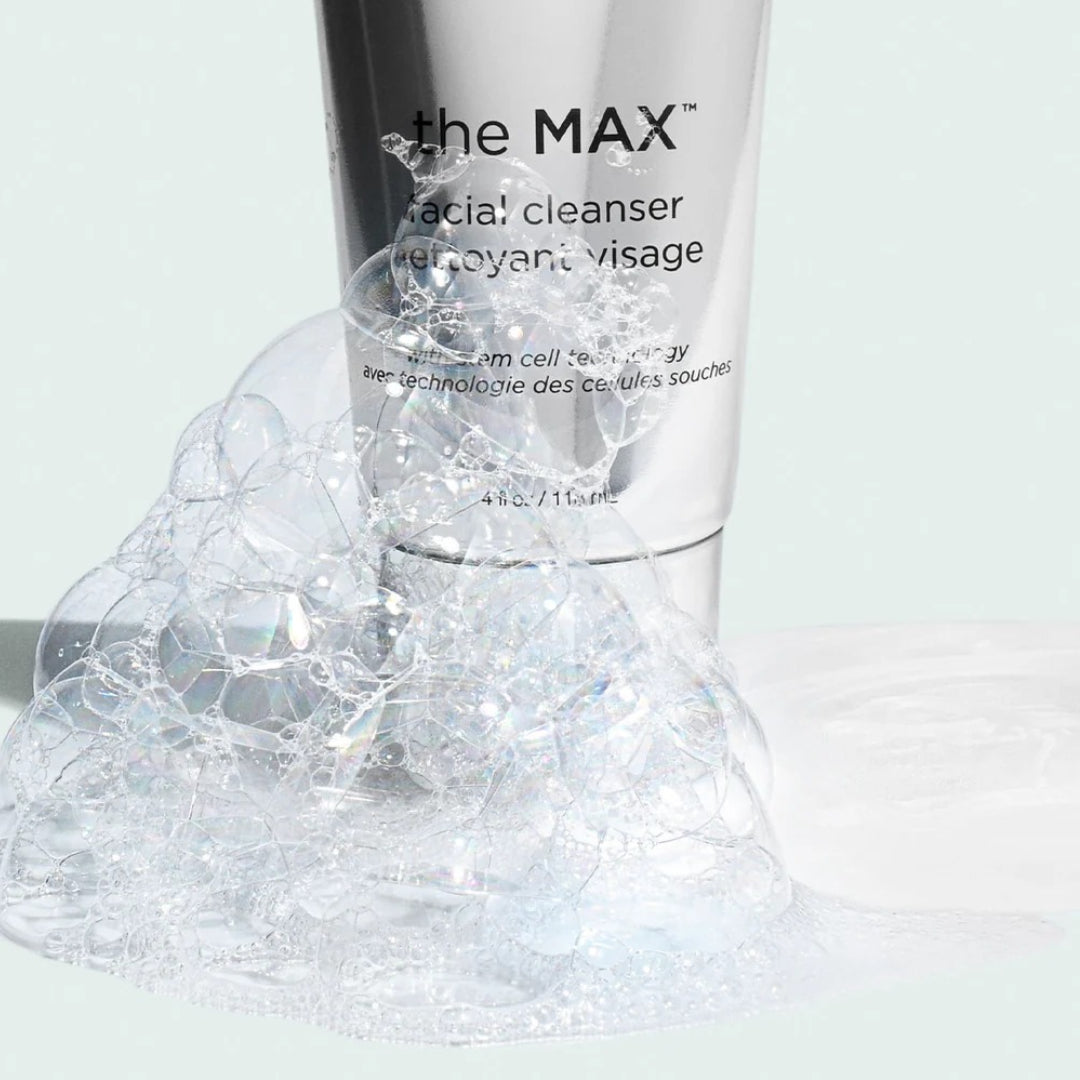 Image Skincare the MAX Facial Cleanser shown with rich lathering foam bubbles demonstrating the cleanser's ability to deeply cleanse and purify the skin