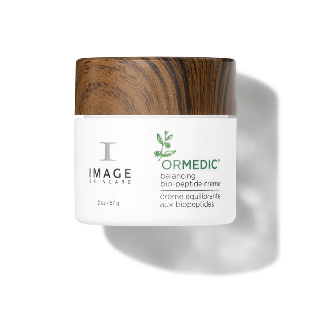 Image Skincare ORMEDIC Balancing Biopeptide Creme 2 oz 57g organic balancing moisturizer in white jar with wood-grain lid for hydrated balanced and luminous skin