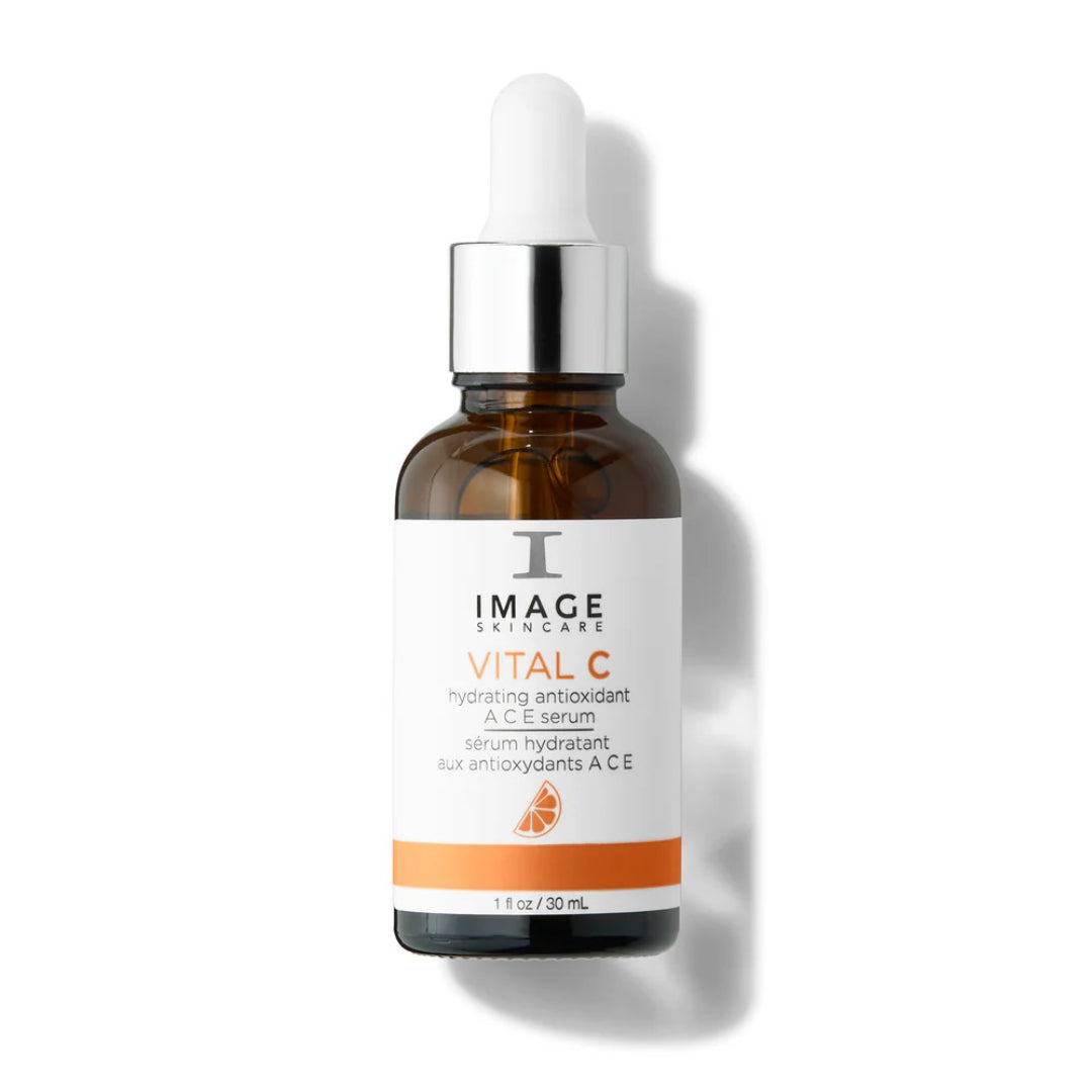 Image Skincare VITAL C Hydrating Antioxidant ACE Serum 1.0 fl oz 30mL vitamin A C and E antioxidant serum in amber dropper bottle for hydrated protected and brightened skin
