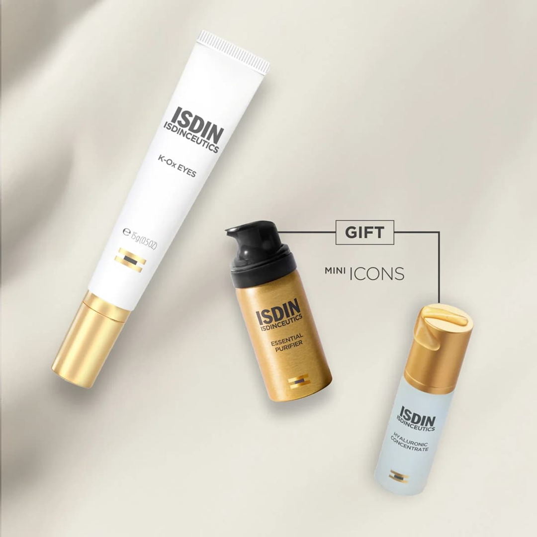 ISDIN K-Ox Eyes tube Essential Purifier mini and Hyaluronic Concentrate mini laid out with text gift mini icons