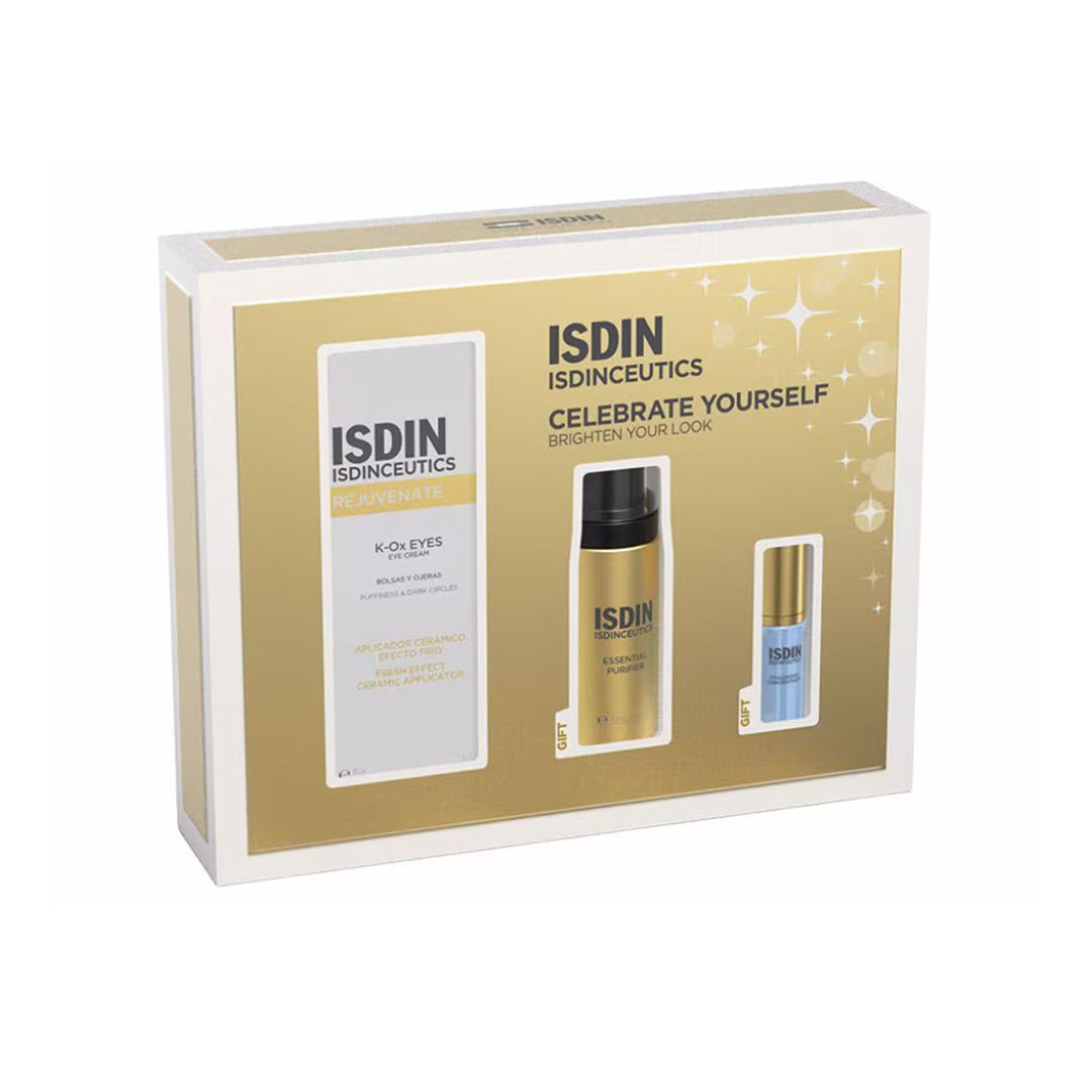 ISDIN ISDINCEUTICS Brighten Your Look Set Holiday Kit gold box with K-Ox Eyes cream and gift minis Essential Purifier and Hyaluronic Concentrate