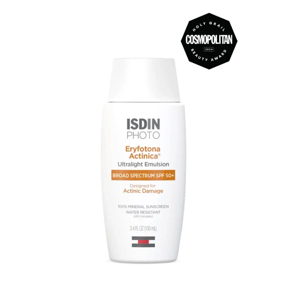ISDIN Photo Eryfotona Actinica Ultralight Emulsion SPF 50+ 3.4oz bottle with Cosmopolitan Holy Grail Beauty Award 2024 badge