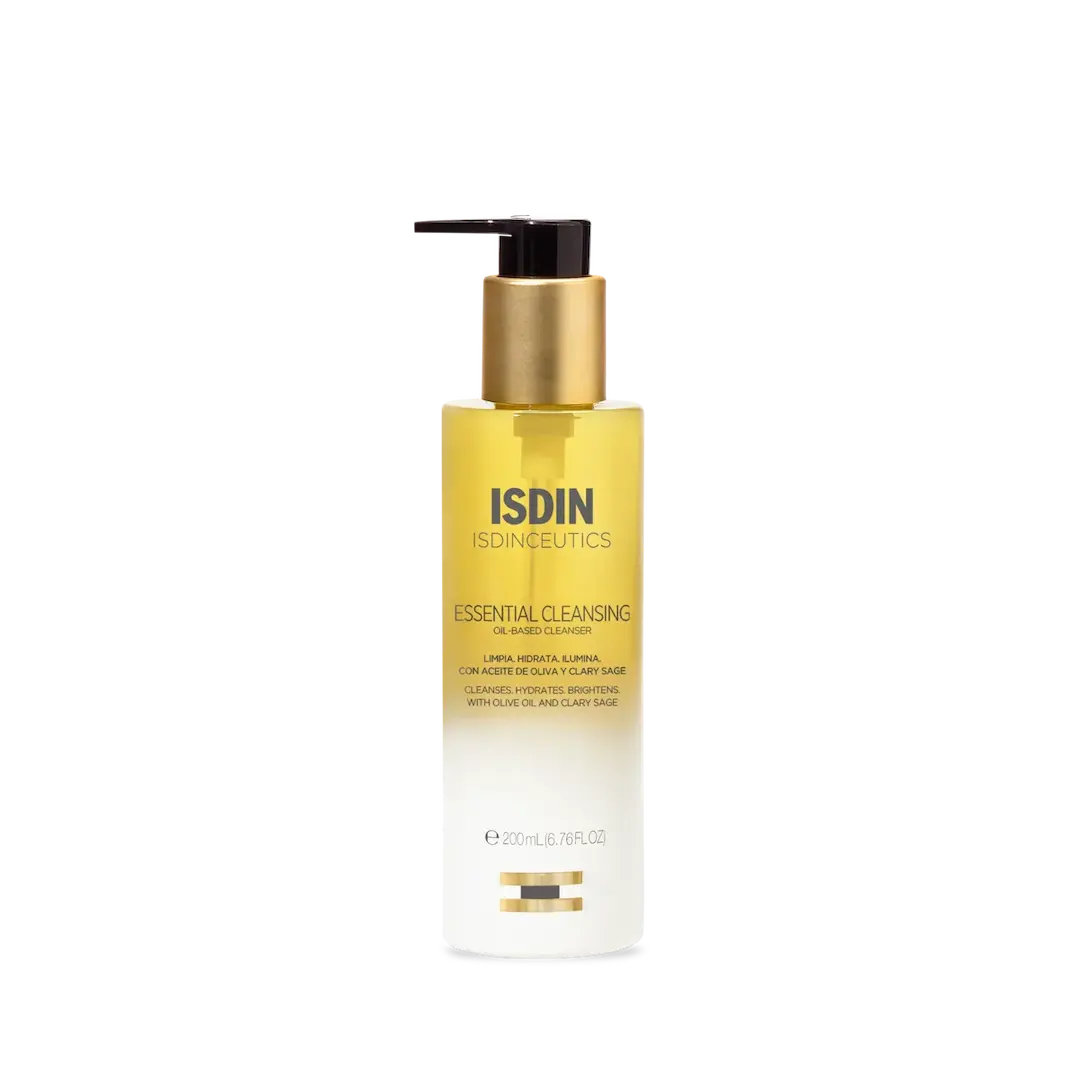 ISDIN Essential Cleansing 200mL oil based cleanser pump bottle with gold pump