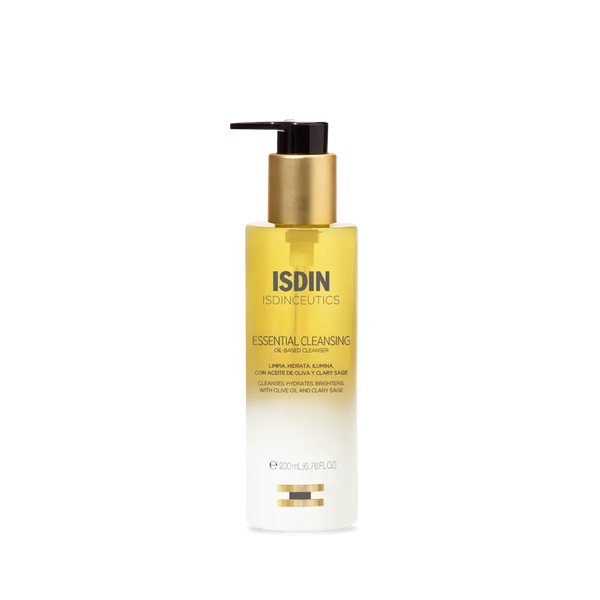 ISDIN Essential Cleansing 200mL oil based cleanser pump bottle with gold pump