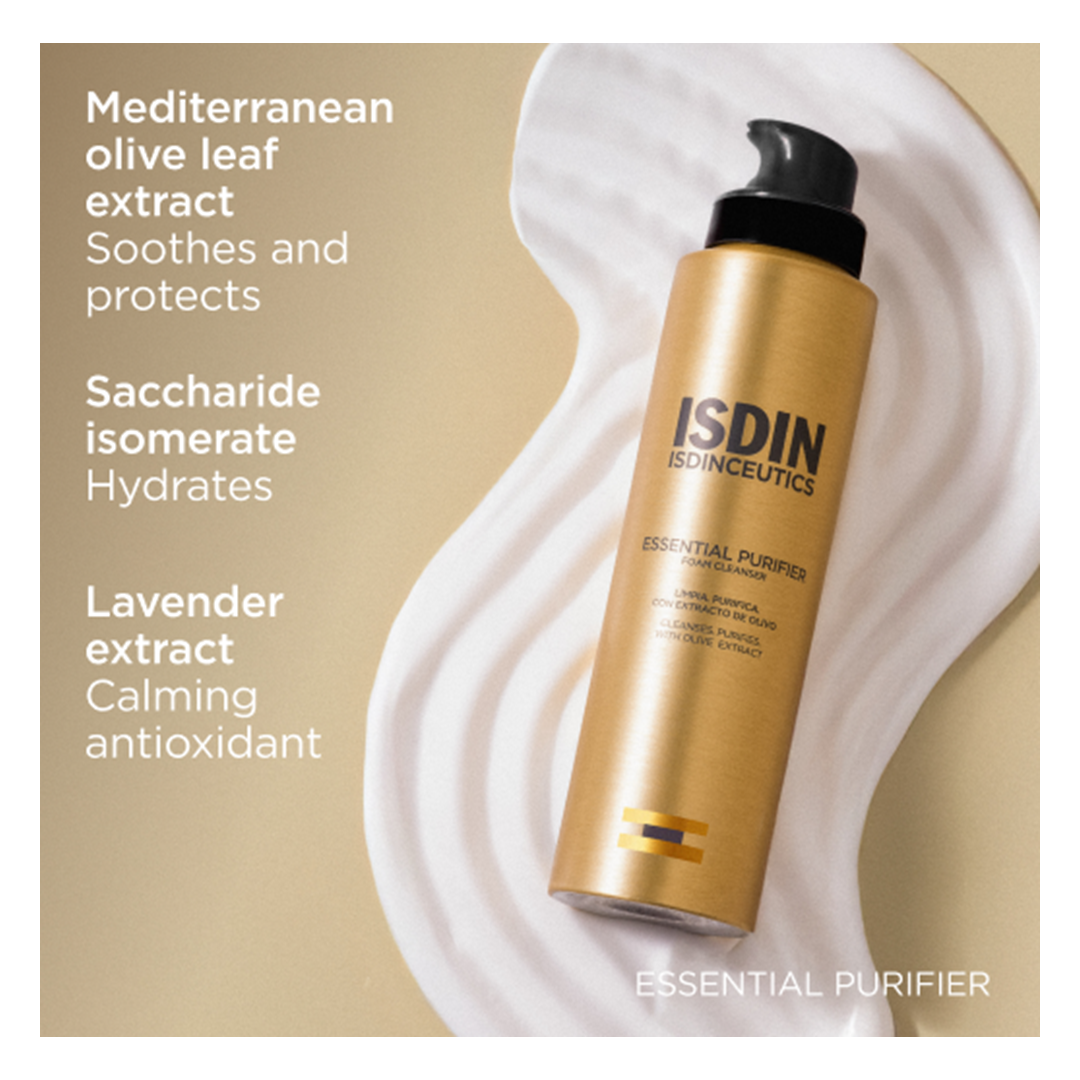 ISDIN Essential Purifier Foam Cleanser bottle on pooled foam with text Mediterranean olive leaf extract soothes and protects saccharide isomerate hydrates lavender extract calming antioxidant