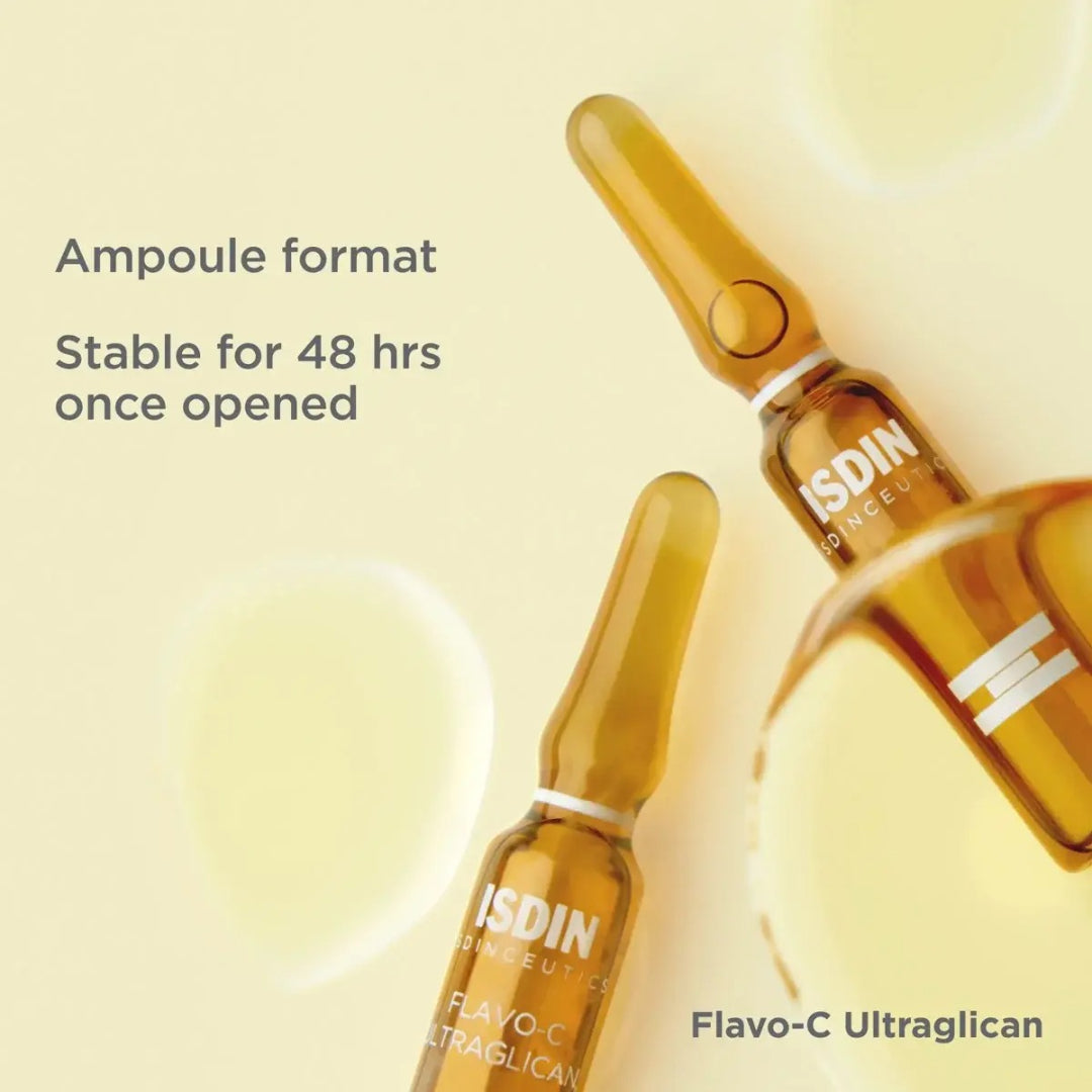 Two ISDIN Flavo-C Ultraglican ampoules on yellow background with text ampoule format stable for 48 hours once opened