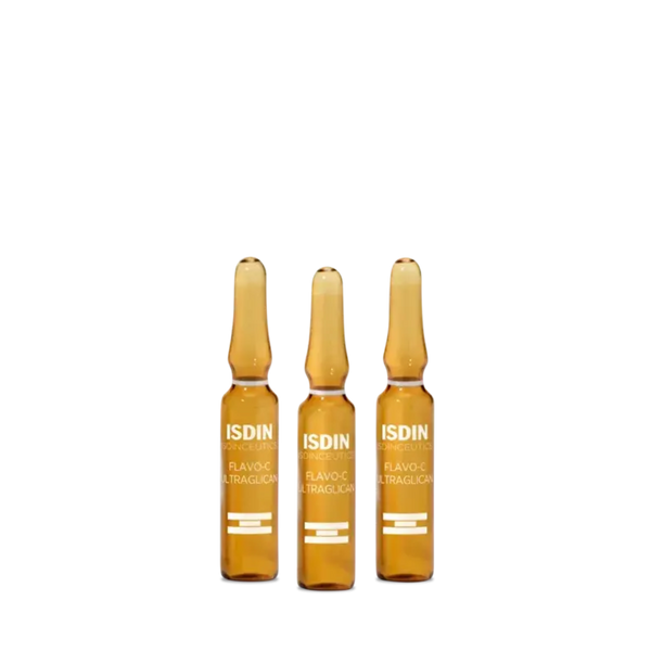 Three ISDIN Flavo-C Ultraglican amber glass ampoules standing upright