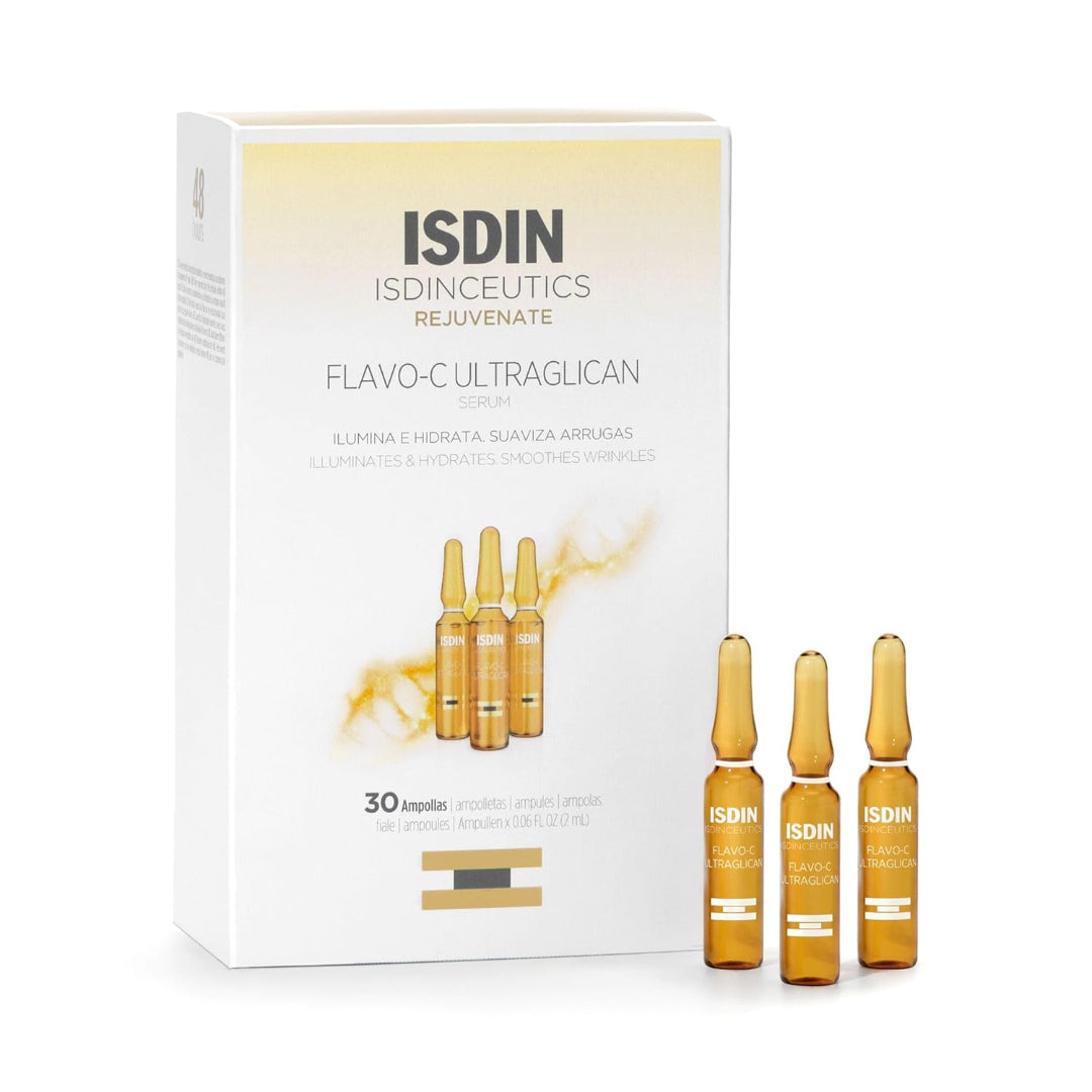 ISDIN Flavo-C Ultraglican Serum 30 ampoules box with three amber glass ampoules beside it and text illuminates and hydrates smoothes wrinkles