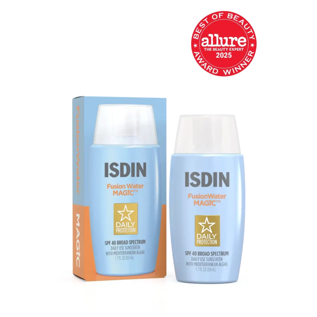 ISDIN Fusion Water Magic SPF 40 bottle beside its box with Allure Best of Beauty 2025 Award Winner badge