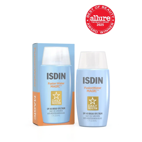ISDIN Fusion Water Magic SPF 40 bottle beside its box with Allure Best of Beauty 2025 Award Winner badge