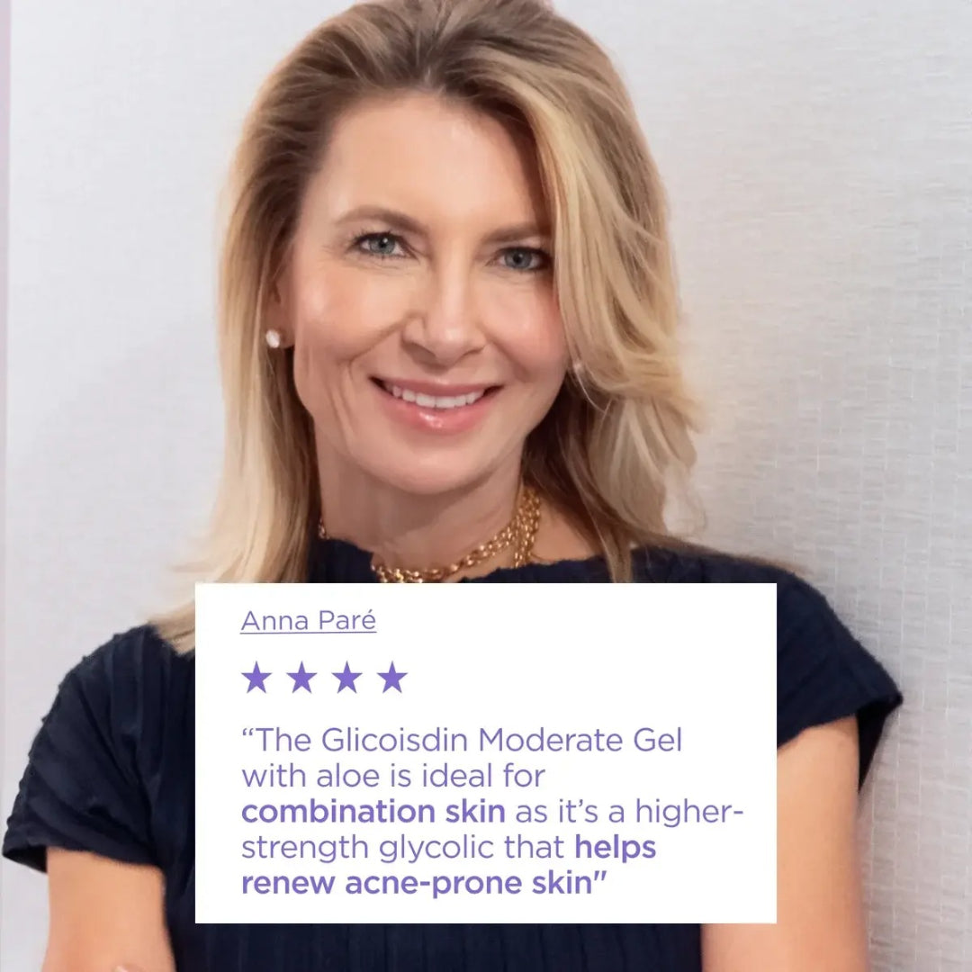 Woman with customer review from Anna Pare four stars the Glicoisdin Moderate Gel with aloe is ideal for combination skin as it is a higher strength glycolic that helps renew acne prone skin