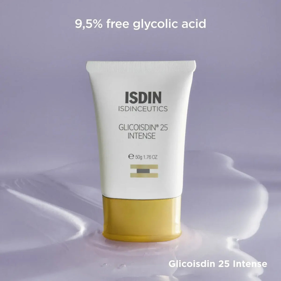 ISDIN Glicoisdin 25 Intense Gel tube on wet surface with text 9.5 percent free glycolic acid