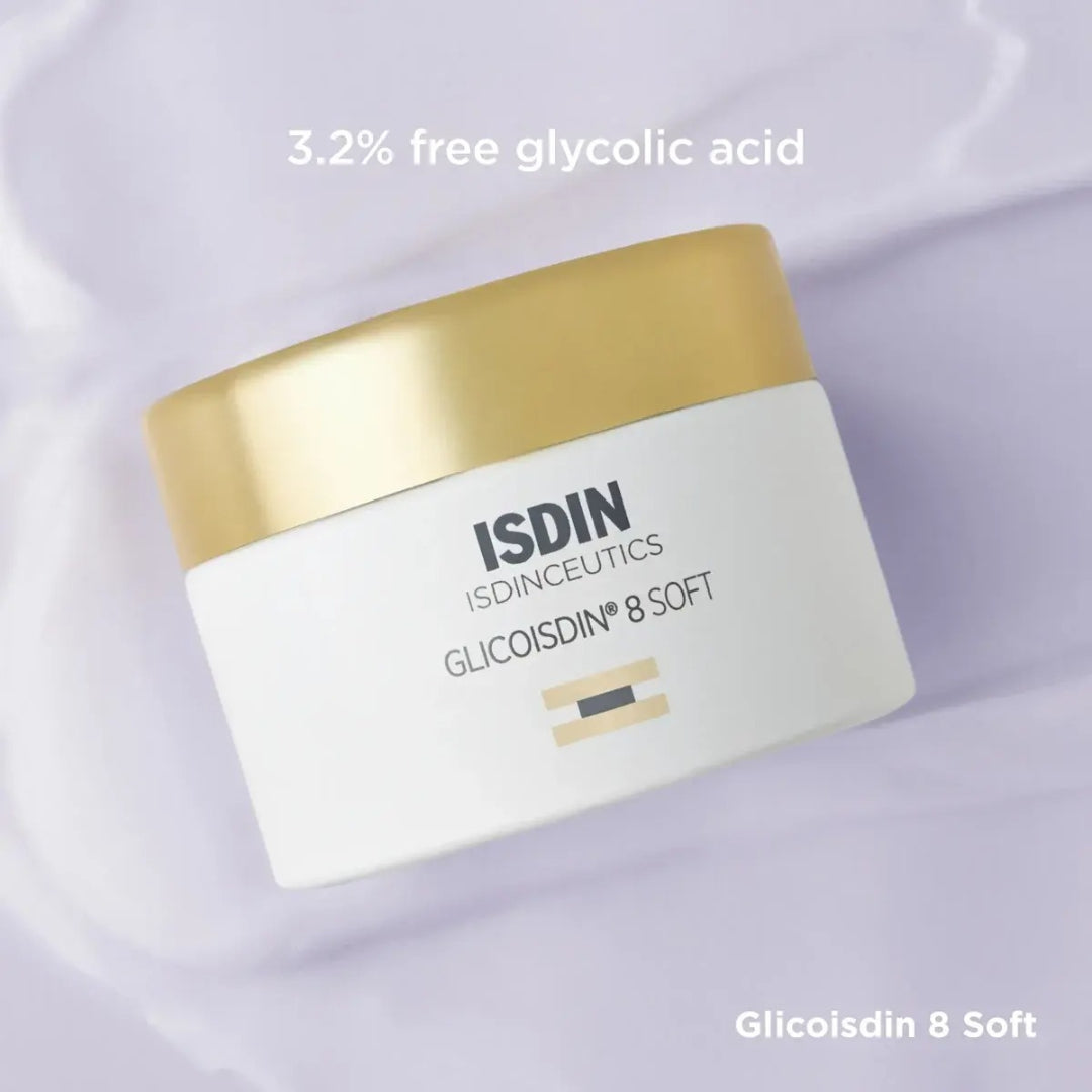 ISDIN Glicoisdin 8 Soft jar on lilac fabric background with text 3.2 percent free glycolic acid