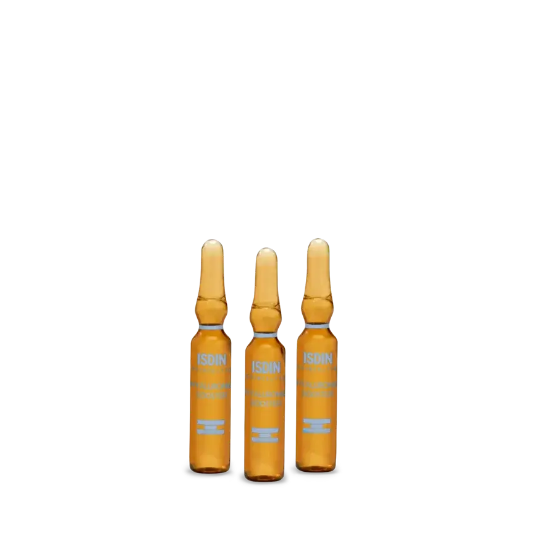 Three ISDIN Hyaluronic Booster amber glass ampoules standing upright