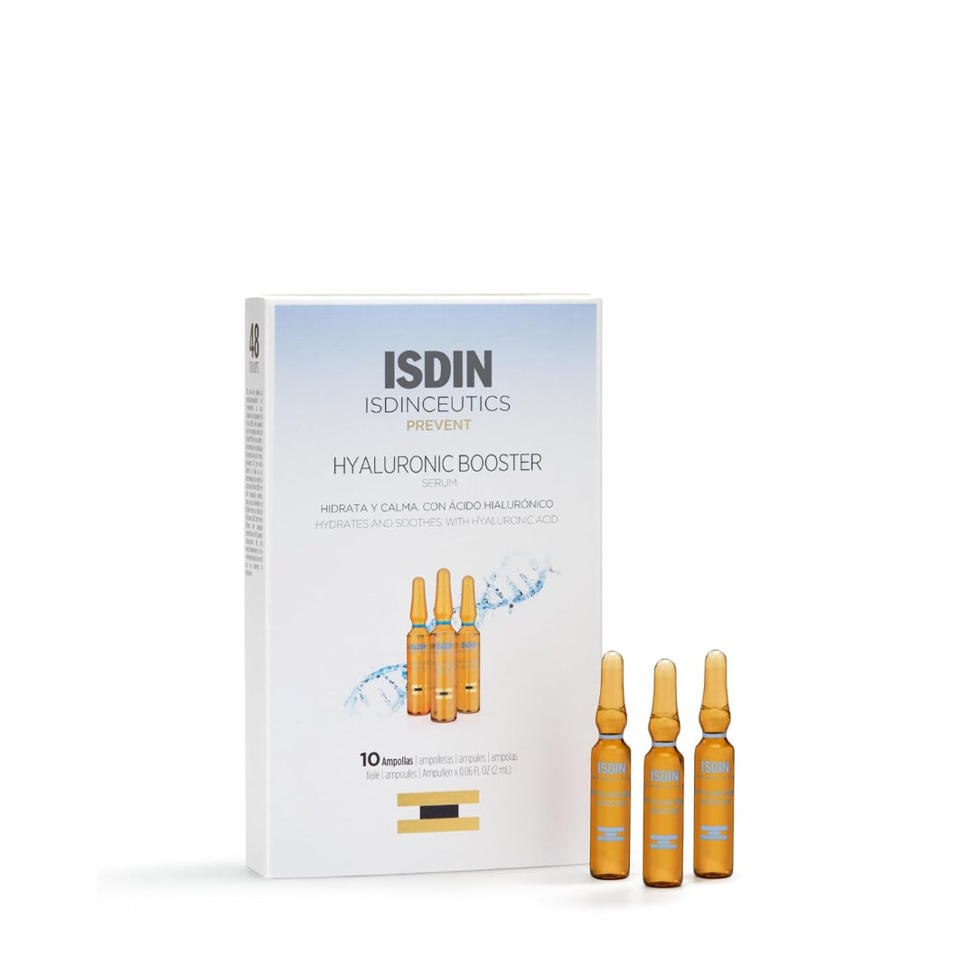 ISDIN Hyaluronic Booster Serum 10 ampoules box with three amber glass ampoules beside it and text hydrates and soothes with hyaluronic acid