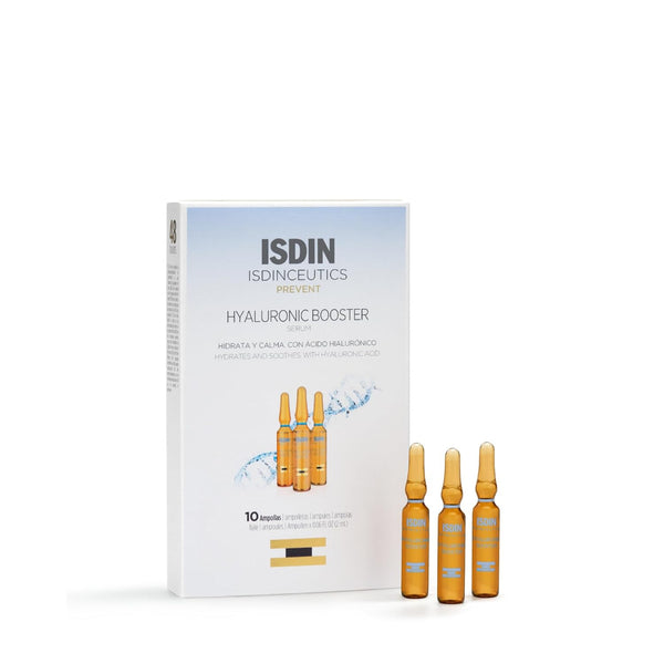 ISDIN Hyaluronic Booster Serum 10 ampoules box with three amber glass ampoules beside it and text hydrates and soothes with hyaluronic acid