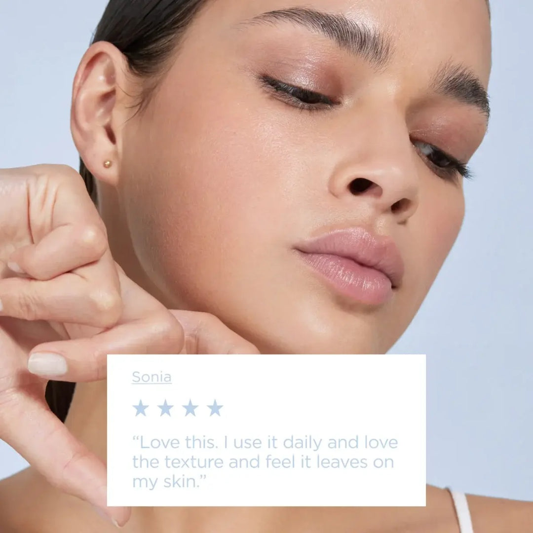 Woman with customer review from Sonia four stars love this I use it daily and love the texture and feel it leaves on my skin