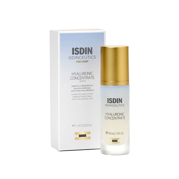 ISDIN Hyaluronic Concentrate serum bottle with gold pump next to retail box