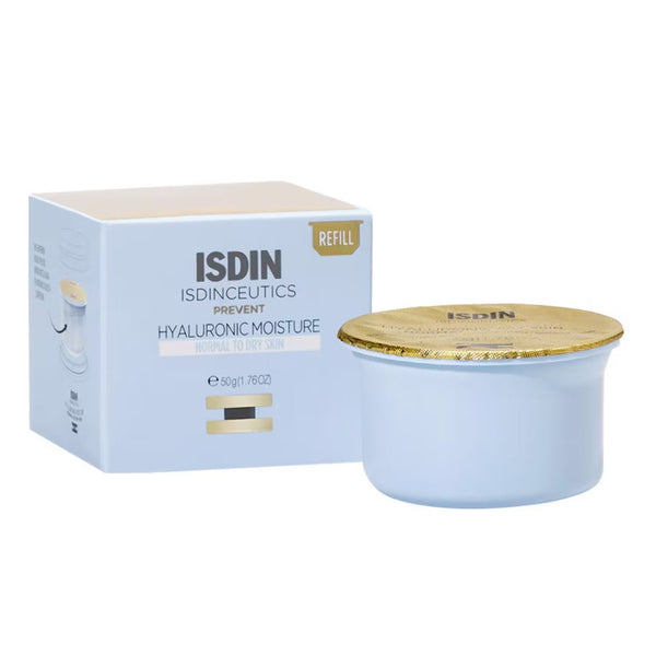 ISDIN Hyaluronic Moisture Normal to Dry Skin Eco-Refill box beside blue refill capsule with gold foil seal