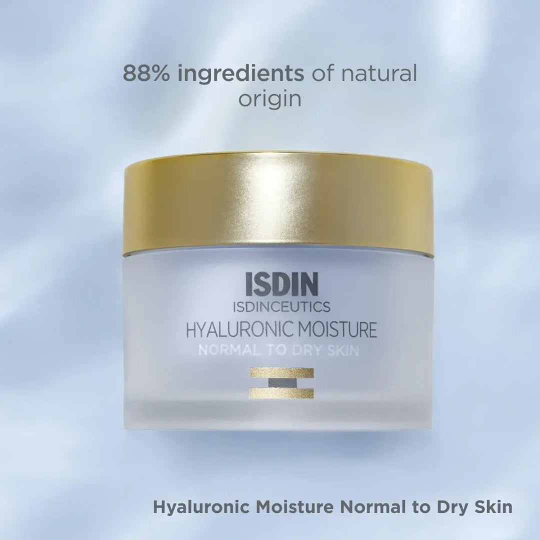 ISDIN Hyaluronic Moisture Normal to Dry Skin jar on light blue background with text 88 percent ingredients of natural origin