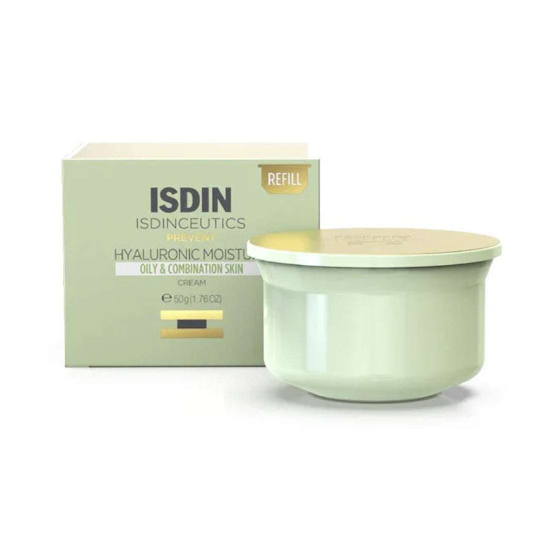 ISDIN Hyaluronic Moisture Oily and Combination Skin Eco-Refill box beside green refill capsule with gold foil seal