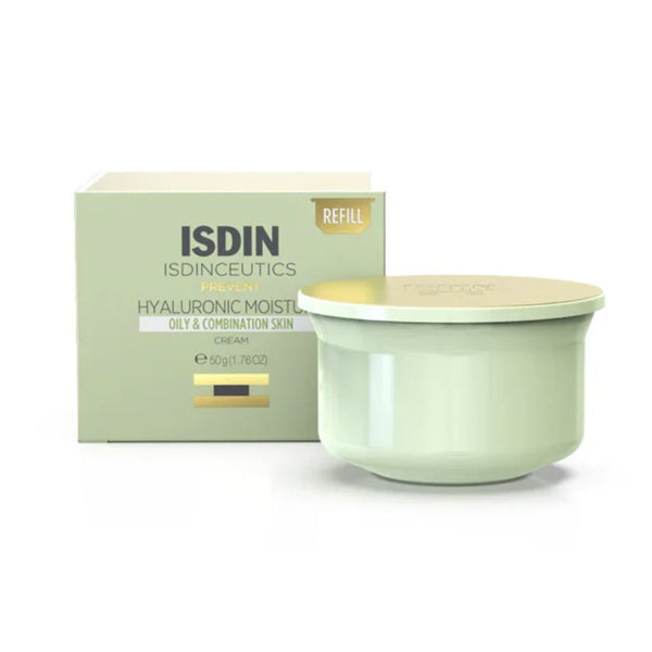ISDIN Hyaluronic Moisture Oily and Combination Skin Eco-Refill box beside green refill capsule with gold foil seal