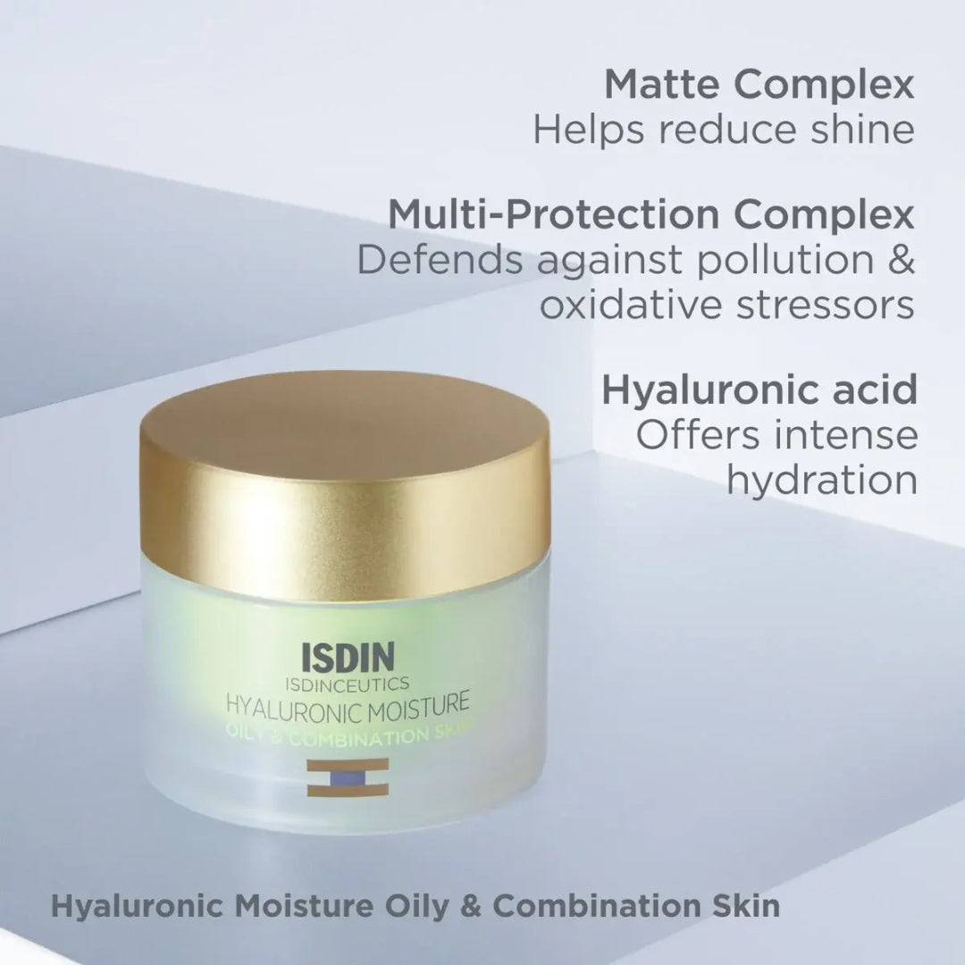 ISDIN Hyaluronic Moisture Oily and Combination Skin jar on white surface with text matte complex helps reduce shine multi protection complex defends against pollution and oxidative stressors hyaluronic acid offers intense hydration