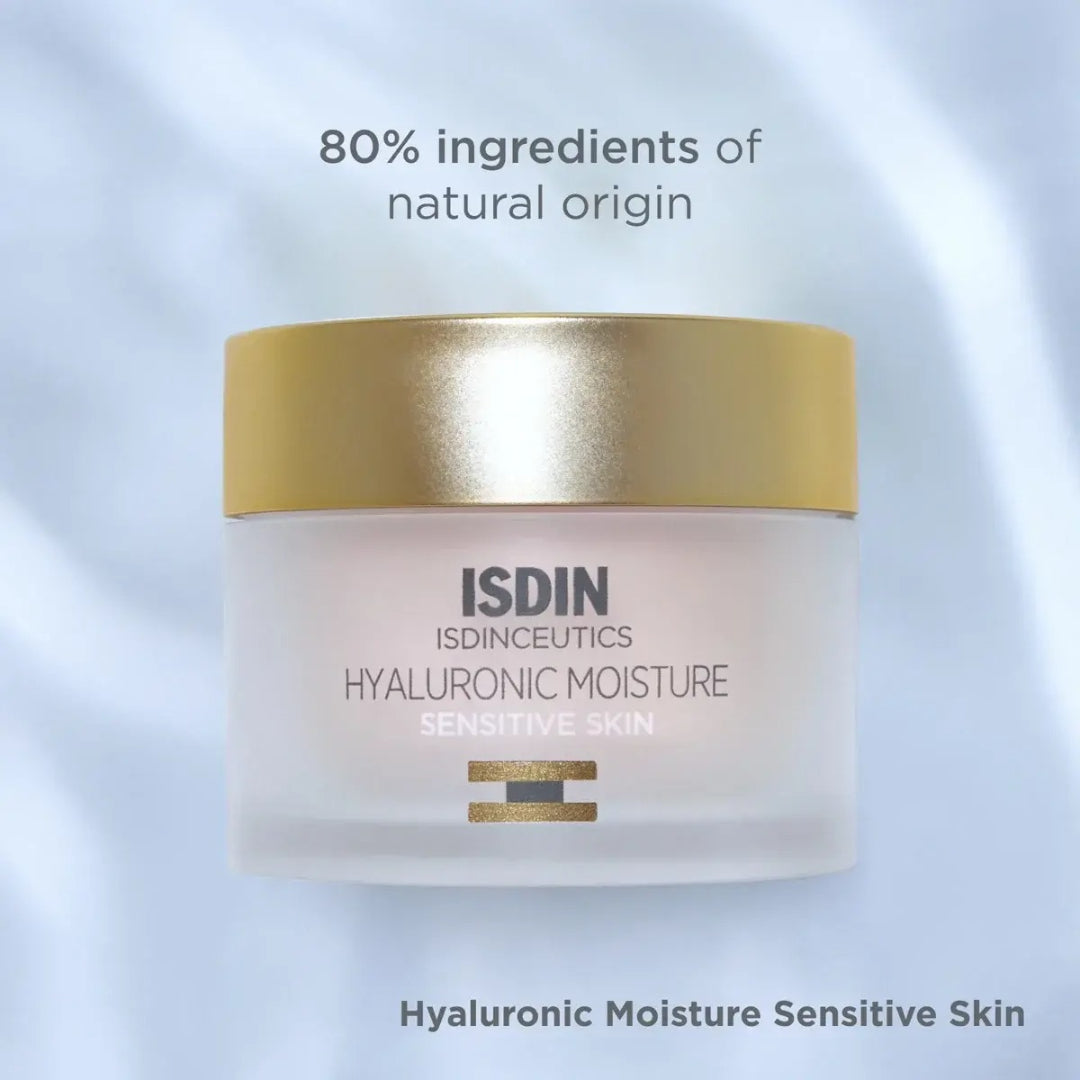 ISDIN Hyaluronic Moisture Sensitive Skin jar on light blue background with text 80 percent ingredients of natural origin